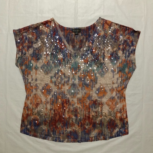 Roz & Ali Tops - Roz & Ali Women’s Cap Sleeve V-neck Sequins Embellishments Multicolor Top XL